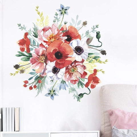 Stickers Muraux Fleurs Et Feuilles Aquarelle Pour Chambre Salon PVC Amovible Autocollant Art Décalcomanies Murales Maison