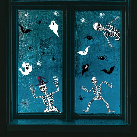 Halloween Wandaufkleber Skelett Fledermaus Spinne Geist PVC Fensterbilder Für Zuhause Glas Deko Grusel Cartoon Festliche DIY Deko