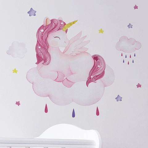 Aquarel Roze Eenhoorn Wolk Muurstickers Voor Kinderen Meisjes Slaapkamer Decor Verwijderbare PVC Zelfklevende Muurschildering