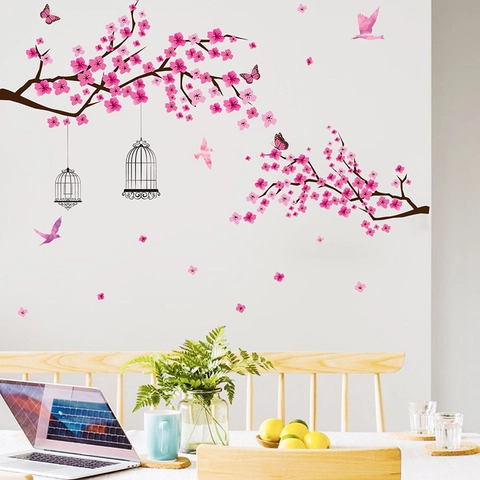 Peach Blossom Birdcage Wall Sticker PVC Removable Pink Floral Tree Branch Bird Butterfly Wall Decal For Home Decor