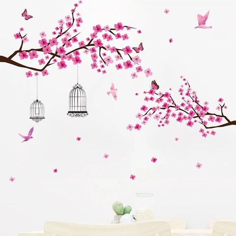Peach Blossom Birdcage Wall Sticker PVC Removable Pink Floral Tree Branch Bird Butterfly Wall Decal For Home Decor