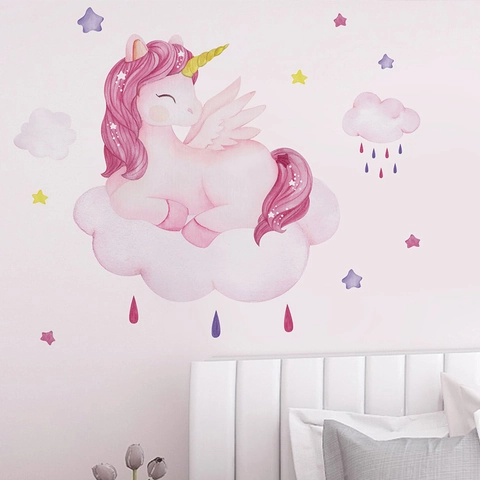 Aquarel Roze Eenhoorn Wolk Muurstickers Voor Kinderen Meisjes Slaapkamer Decor Verwijderbare PVC Zelfklevende Muurschildering