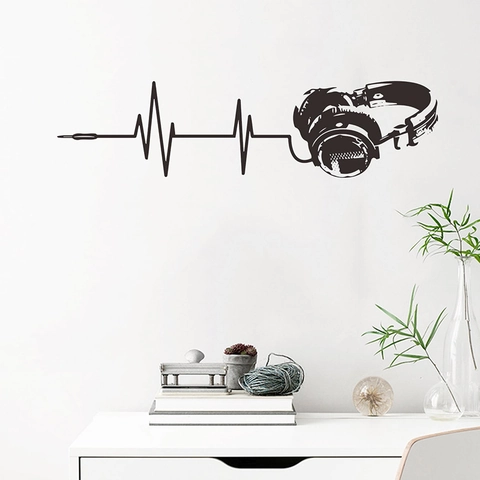 Muziek Koptelefoon ECG Hartslag Muursticker Creatieve Verwijderbare PVC Sticker Voor Slaapkamer Studio Muziekkamer Decor