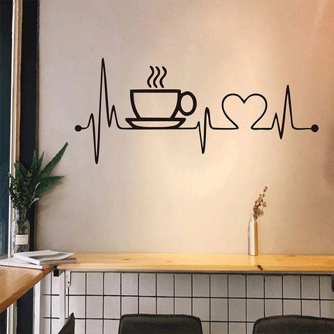 Creative Coffee Cup Heartbeat Line Heart Wall Sticker PVC Self-Adhesive Removable Wall Decal For Home Cafe Study Entrance Decor Black