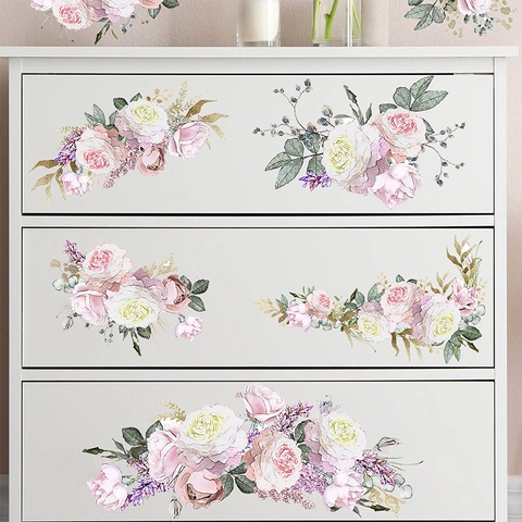 Watercolor Pink Purple Rose Flower Wall Decals Removable PVC Self-Adhesive Floral Wall Stickers For Kids Room Bedroom Home Decoration