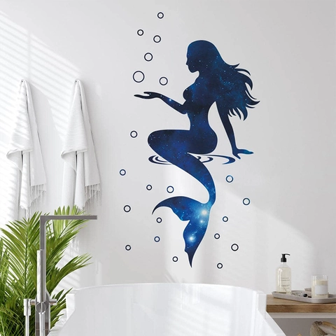 Sticker Mural Sirène Ciel Étoilé de Rêve PVC Auto-adhésif Motif Galaxie Amovible Décoration pour Salle de Bain Chambre d'Enfant