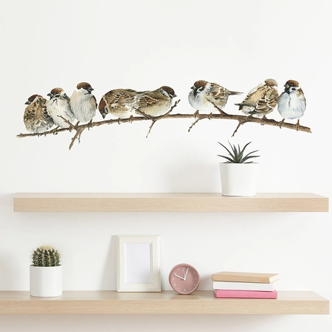 Sticker Mural Oiseaux sur Branche Aquarelle Moineau Mignon PVC Décalcomanie Amovible pour Chambre d'Enfant Décoration Maison FX-F253