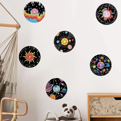 Pegatinas de Pared de PVC Estilo Disco de Música 6 Piezas Dibujos Animados Planetas Flores Calcomanías Impresas para Habitación Infantil
