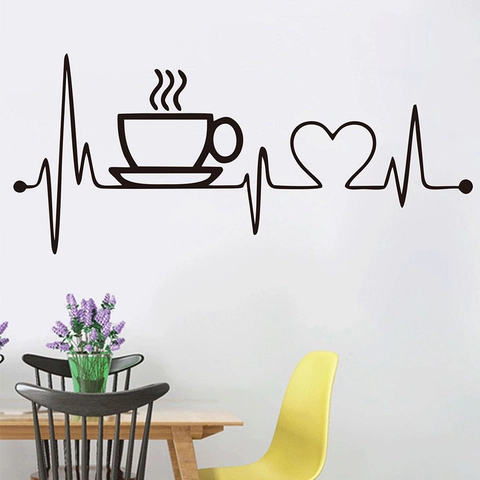 Creative Coffee Cup Heartbeat Line Heart Wall Sticker PVC Self-Adhesive Removable Wall Decal For Home Cafe Study Entrance Decor Black