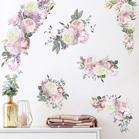 Watercolor Pink Purple Rose Flower Wall Decals Removable PVC Self-Adhesive Floral Wall Stickers For Kids Room Bedroom Home Decoration