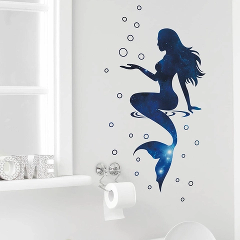 Sticker Mural Sirène Ciel Étoilé de Rêve PVC Auto-adhésif Motif Galaxie Amovible Décoration pour Salle de Bain Chambre d'Enfant