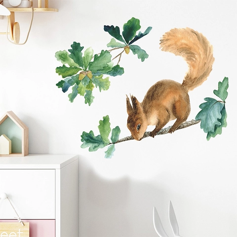 Sticker Mural Écureuil Sur Branche d'Arbre Aquarelle Amovible PVC Auto-adhésif Décor pour Chambre Enfants Décoration Maison