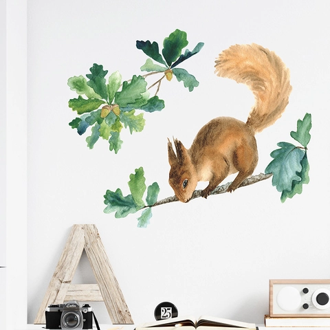 Sticker Mural Écureuil Sur Branche d'Arbre Aquarelle Amovible PVC Auto-adhésif Décor pour Chambre Enfants Décoration Maison