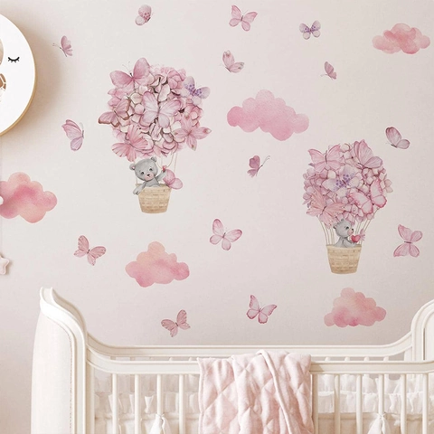 Vinilos Decorativos Acuarela Rosa Globo Aerostático Oso PVC Removible Animal Mariposa Nube Calcomanías para Cuarto de Niños