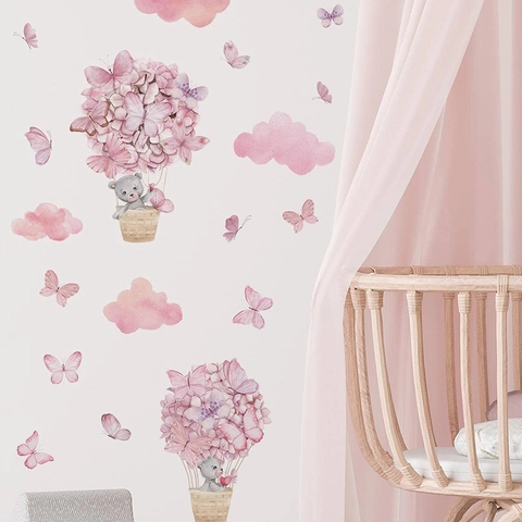 Vinilos Decorativos Acuarela Rosa Globo Aerostático Oso PVC Removible Animal Mariposa Nube Calcomanías para Cuarto de Niños