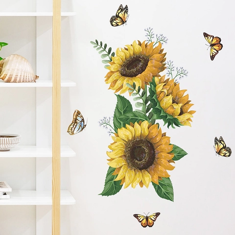 Romantische Sonnenblume Schmetterling PVC Wandaufkleber Selbstklebende Blumen Wandtattoo Für Kinderzimmer Schlafzimmer Heimdekoration Wandbild