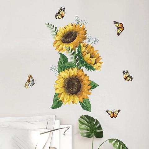 Romantische Sonnenblume Schmetterling PVC Wandaufkleber Selbstklebende Blumen Wandtattoo Für Kinderzimmer Schlafzimmer Heimdekoration Wandbild