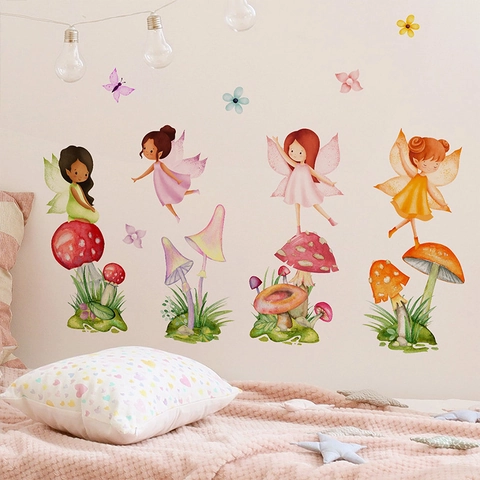 Pegatinas de Pared de Hada de Hongos PVC Removible Acuarela Mariposa Floral para Dormitorio de Niños Hogar Decoración