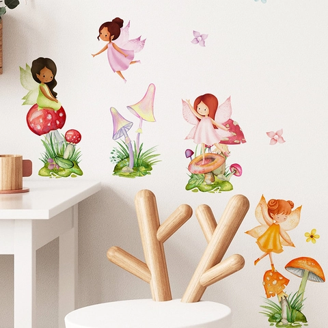 Pegatinas de Pared de Hada de Hongos PVC Removible Acuarela Mariposa Floral para Dormitorio de Niños Hogar Decoración