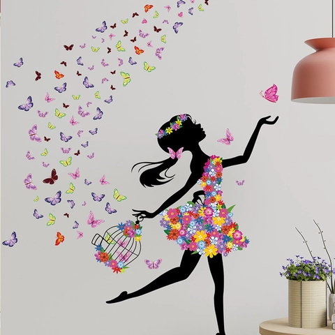 Schmetterling Mädchen Blumen Silhouette Wandtattoo Für Kinderzimmer Schlafzimmer Deko Bunt Schmetterling PVC DIY Wandaufkleber