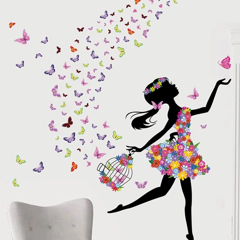 Schmetterling Mädchen Blumen Silhouette Wandtattoo Für Kinderzimmer Schlafzimmer Deko Bunt Schmetterling PVC DIY Wandaufkleber
