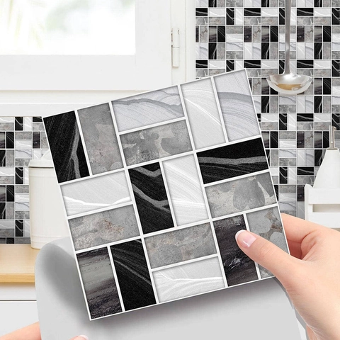 Adesivi per Piastrelle Mosaico Marmo Nero Bianco Grigio PVC Impermeabile Autoadesivo Decalcomanie da Muro per Bagno Cucina
