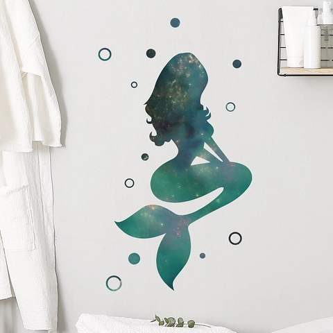 Starry Sky Mermaid Wall Sticker PVC Waterproof Galaxy Pattern Silhouette Decal For Kids Room Bathroom Bedroom Home Decor