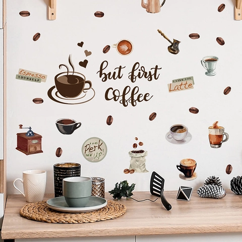 Vintage Coffee Theme Wall Decal Removable PVC Sticker But First Coffee Quote DIY Kitchen Cafe Art Mural Decor Accessory