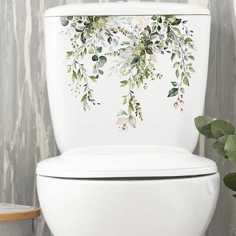Watercolor Tropical Green Leaves Toilet Stickers Waterproof PVC Floral Wall Decal For Bathroom Home Decoration M-201