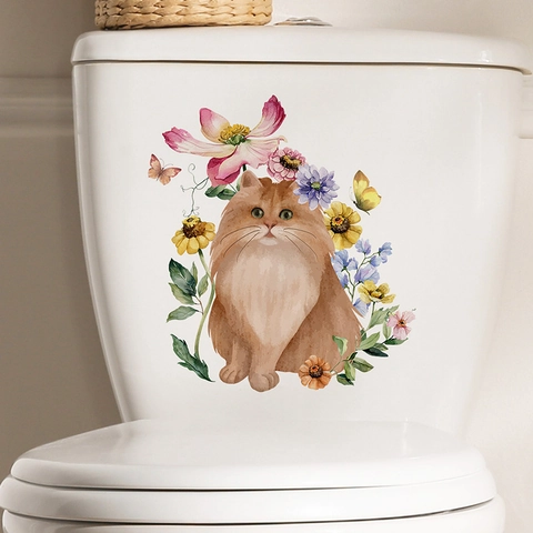 Simpatico Gatto Arancione Fiore Farfalla Bagno Coperchio Del Water Decalcomania PVC Impermeabile Autoadesivo Parete Adesivo Decor