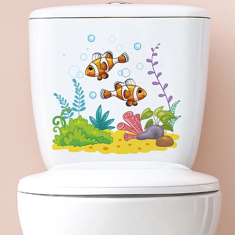 Pegatina de Pared Pez Payaso Océano Coral Algas Extraíble Impermeable Autoadhesiva de PVC para Baño Inodoro Dormitorio Niños