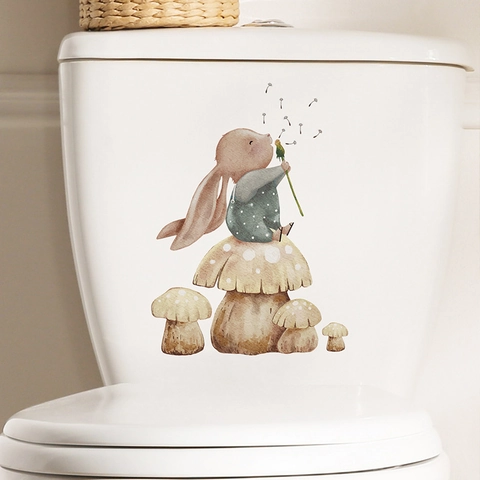 Aquarel Konijntje Paddenstoel Toiletsticker Verwijderbare PVC Zelfklevende Muursticker Voor Badkamer Slaapkamer Home Decor Kunst Muurschildering