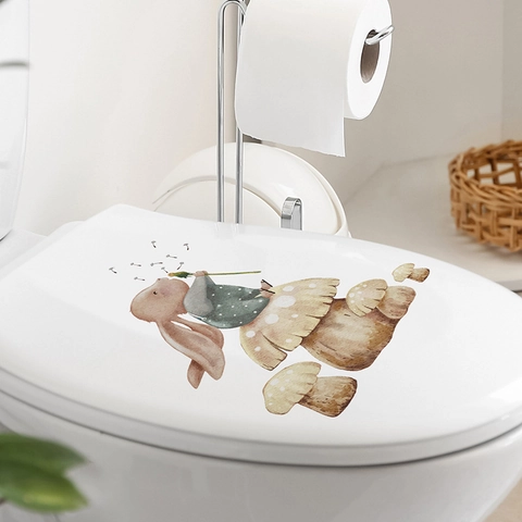 Aquarel Konijntje Paddenstoel Toiletsticker Verwijderbare PVC Zelfklevende Muursticker Voor Badkamer Slaapkamer Home Decor Kunst Muurschildering