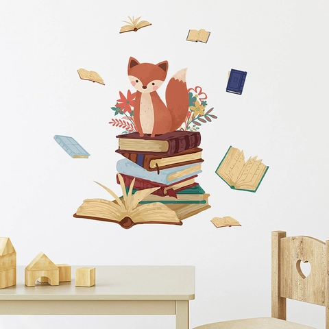 Cartoon Cute Fox Reading Books Wall Stickers For Kids Room PVC Self Adhesive Animal Flower Decorative Home Wall Decals
