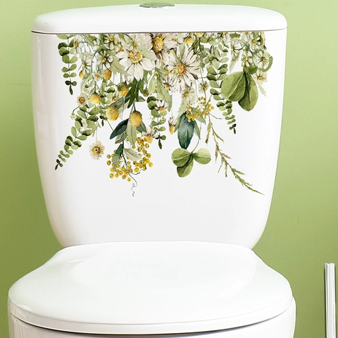 Pegatina De Inodoro De Flores Y Plantas Verdes Calcomanía De Pared De PVC Para Baño Dormitorio Decoración Del Hogar Minimalista