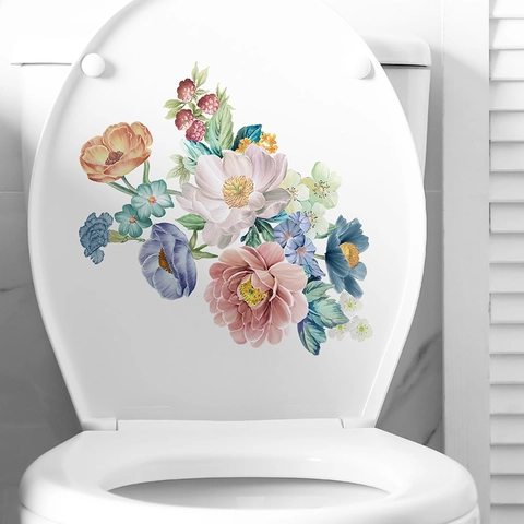 Pegatina De Pared De Flor De Peonía Romántica PVC Impermeable Autoadhesiva Removible Para Tapa De Inodoro Baño Hogar