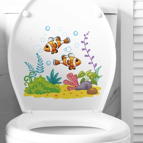 Pegatina de Pared Pez Payaso Océano Coral Algas Extraíble Impermeable Autoadhesiva de PVC para Baño Inodoro Dormitorio Niños