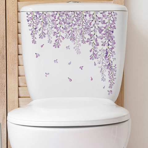 Paarse Wisteria Bloem Muursticker PVC Waterdicht Zelfklevende Toiletsticker Voor Badkamer Woondecoratie Bloemen Wandkunst