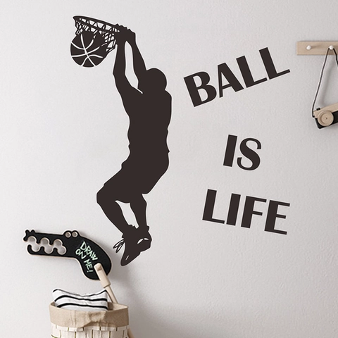 Basketball Dunking Silhouette Wall Sticker Ball Is Life Quote Removable PVC Decal For Boys Bedroom Sports Gym Decor DIY Mural