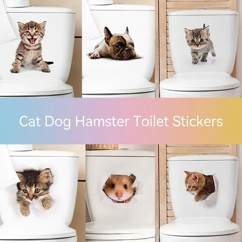 3D Animal Wall Sticker Cute Cat Dog Hamster Toilet Decal For Bathroom Bedroom PVC Removable Decorative Home Sticker