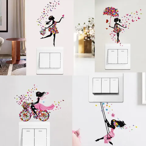Blumenfee Schmetterling Mädchen Silhouette Wandaufkleber PVC Wasserdicht Schalter Deko Aufkleber Für Wohnzimmer Schlafzimmer DIY Selbstklebend Kunst Wandtattoo