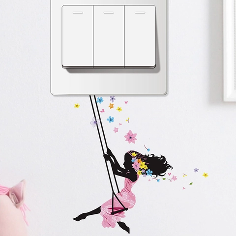 Flower Fairy Butterfly Girl Silhouette Wall Stickers PVC Waterproof Switch Decorative Stickers For Home Living Room Bedroom DIY Self Adhesive Art Decal