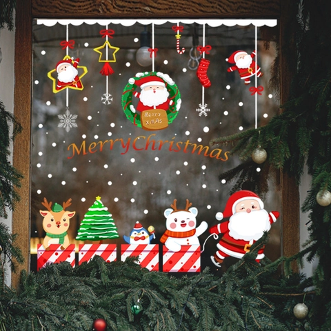 Christmas Static Window Clings Santa Claus Reindeer Polar Bear Snowflake PVC Stickers For Holiday Glass Door Window Home Decor