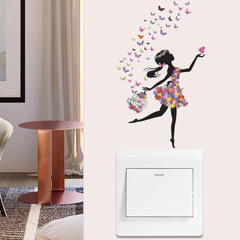 Kreative PVC Blume Mädchen Silhouette Schmetterling Vogelkäfig Wandtattoo Selbstklebend Schalter Aufkleber Für Wohnzimmer Dekor