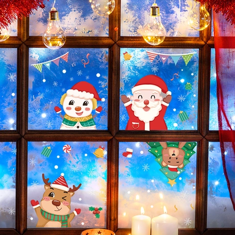 Cartoon Weihnachten Fensterbilder Statische PVC Aufkleber Weihnachtsmann Rentier Schneemann Schneeflocken Glas Deko Haus