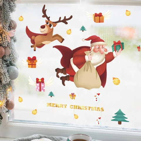 Pegatinas de Pared de PVC de Papá Noel y Reno de Navidad de Dibujos Animados Calcomanías de Ventana Para Sala de Estar Hogar