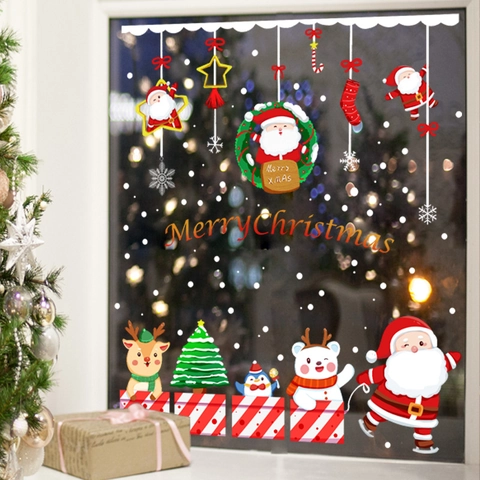 Christmas Static Window Clings Santa Claus Reindeer Polar Bear Snowflake PVC Stickers For Holiday Glass Door Window Home Decor