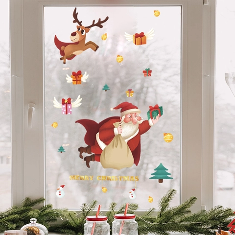 Pegatinas de Pared de PVC de Papá Noel y Reno de Navidad de Dibujos Animados Calcomanías de Ventana Para Sala de Estar Hogar