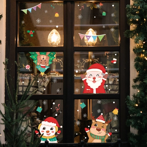 Kerst Vensterstickers Statisch PVC Stickers Kerstman Rendier Sneeuwpop Sneeuwvlok Patroon Voor Glas Feestdagen Huis Decoratie