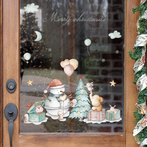 Pegatinas de Pared de Navidad PVC Acuarela Muñeco de Nieve Árbol de Navidad Conejo Calcomanías Ventana Para Hogar Fiesta